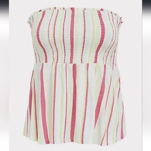 Torrid Women Slub Jersey Smocked‎ Strapless Babydoll Top Stripes SIZE 2 NWT